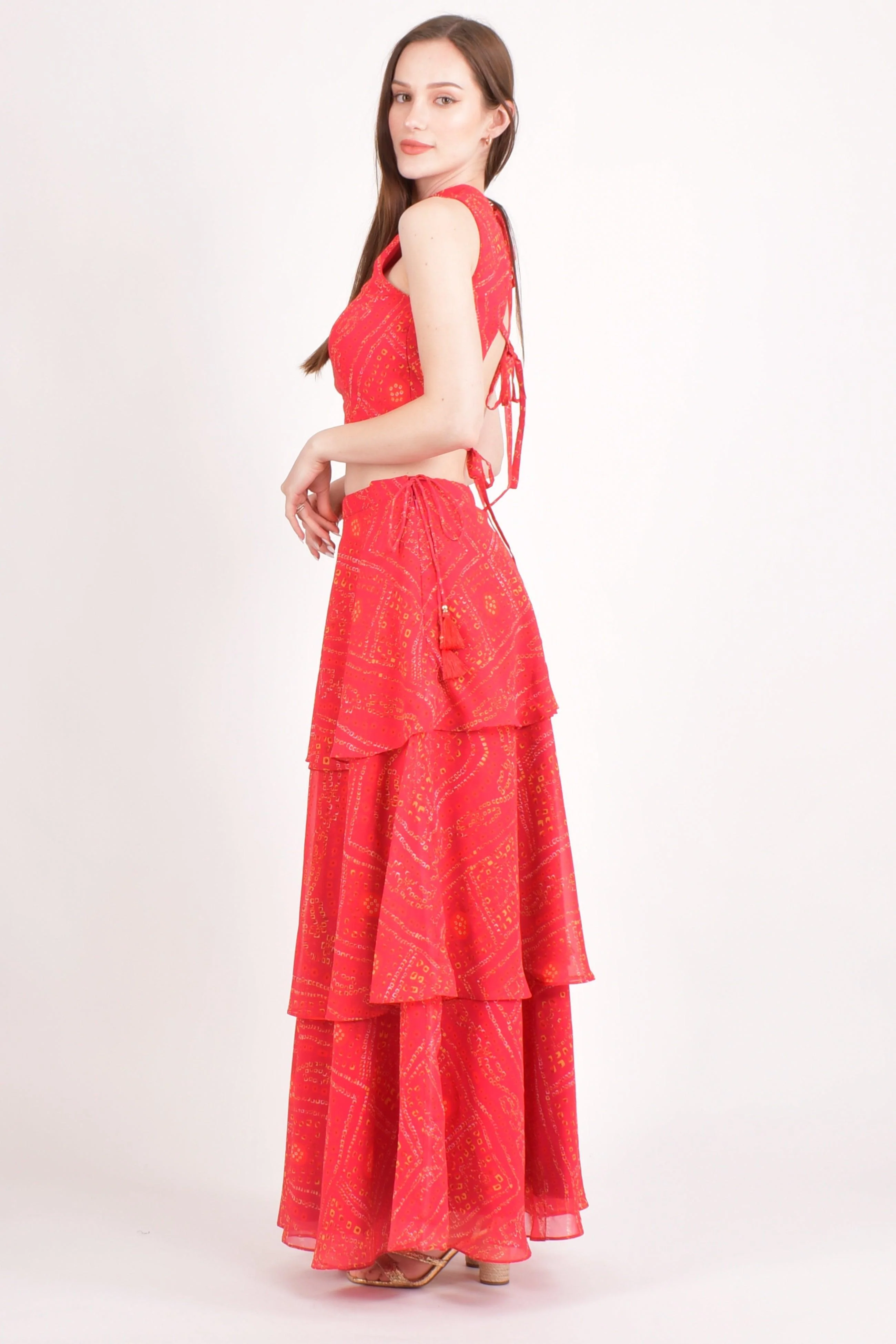 Red Bandhani Two Piece Set with Tiered Skirt - Image 4