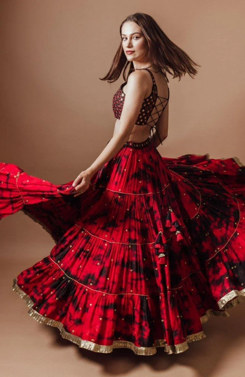 Red & Black Tie Dye Lehenga with Gaji Silk Dupatta - Image 3