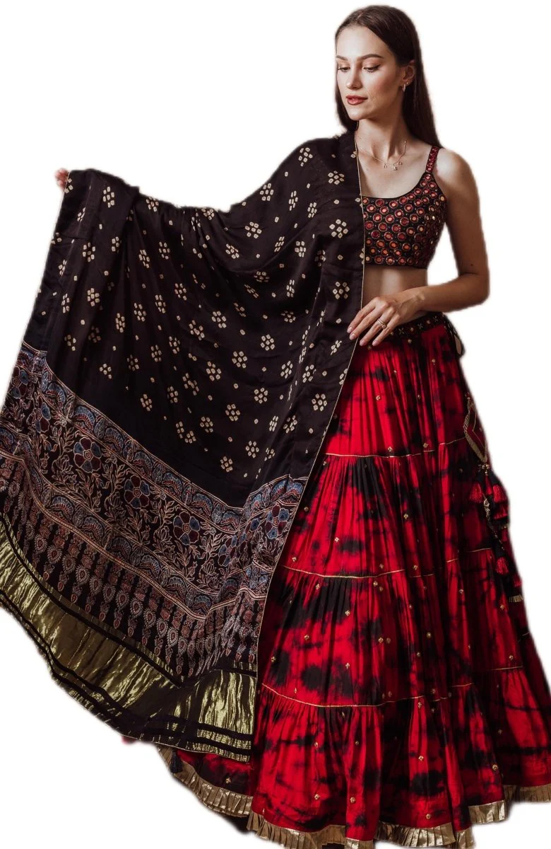 Red & Black Tie Dye Lehenga with Gaji Silk Dupatta - Image 5