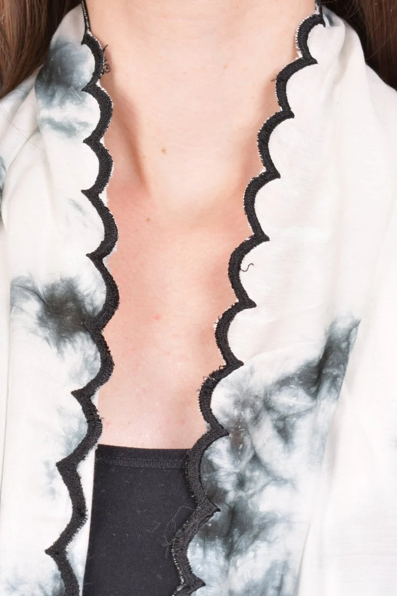 White & Black Chiffon Tie-Dye Shibori Scarf With Cutwork Border - Image 2