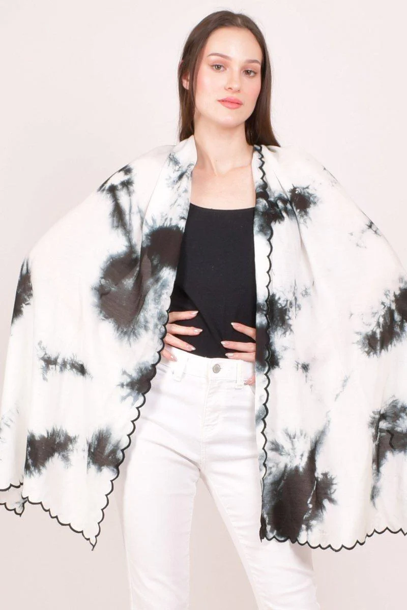 White & Black Chiffon Tie-Dye Shibori Scarf With Cutwork Border - Image 3