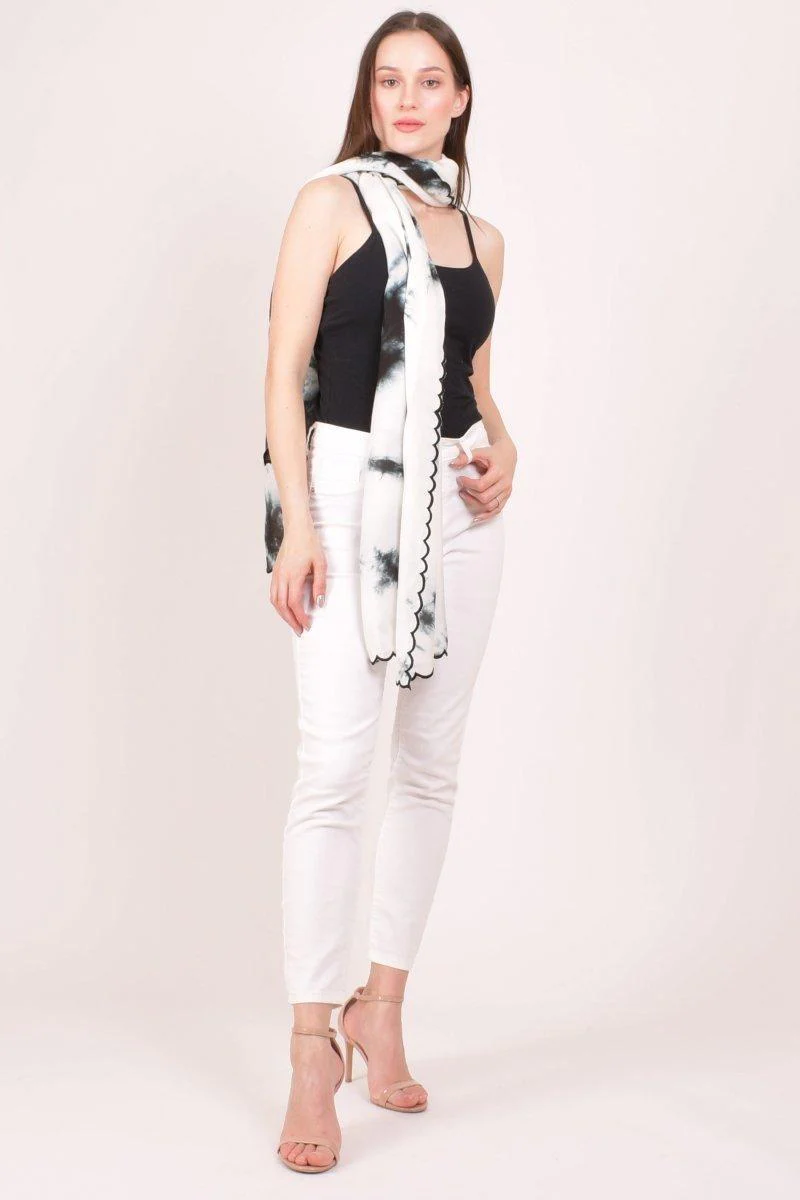 White & Black Chiffon Tie-Dye Shibori Scarf With Cutwork Border - Image 5