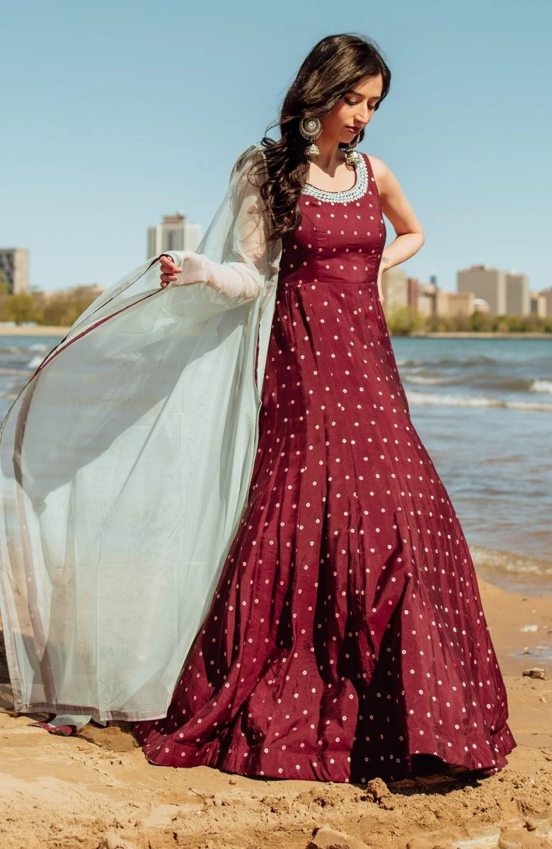 Wine Long Dress with net drape - Image 4