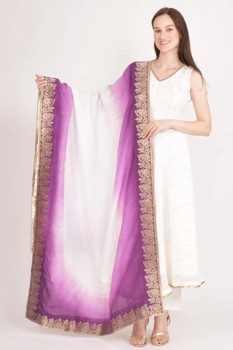 Wine & White Banarasi Border Viscose Dupatta Scarf With Tassels